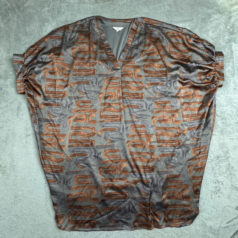 Entro Women Abstract Print V-Neck Satin Tunic Mini Dress Grey Copper D21082 M/L